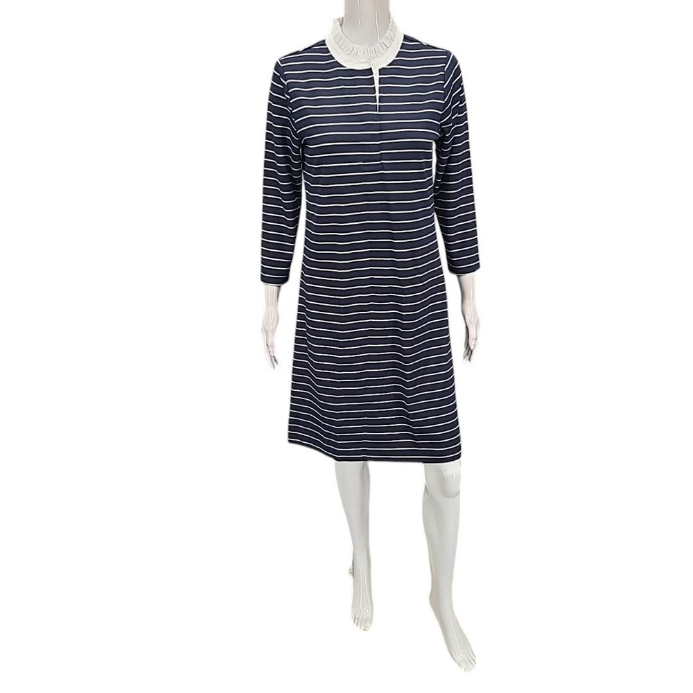 Isaac Mizrahi Live Womens Stripe Knit Dress Navy Ruffle Collar Tall XS A512786